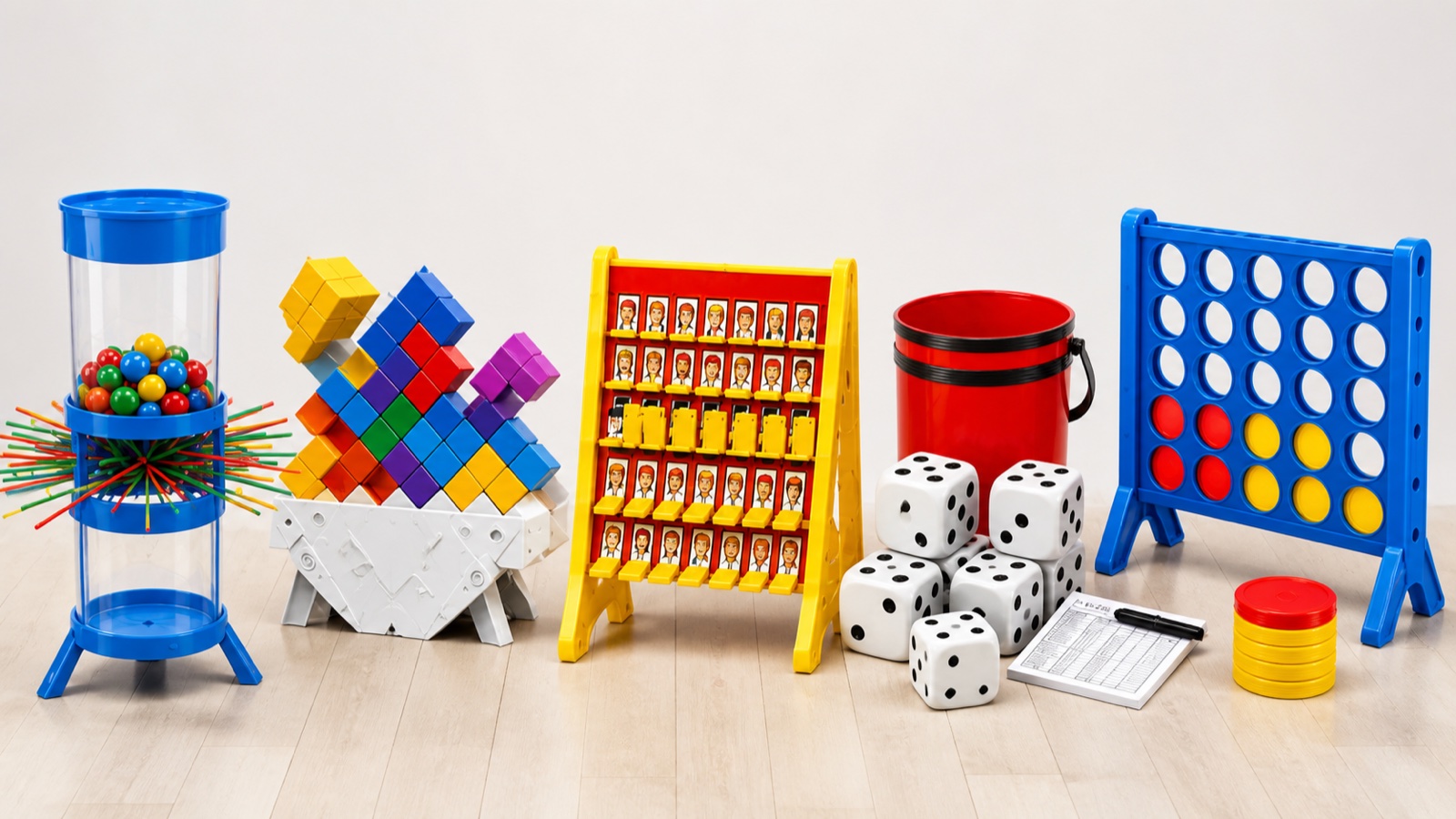 Giant Kerplunk, Tetris Tumble, Guess Who, Jumbo Yahtzee and Connect Four rental games