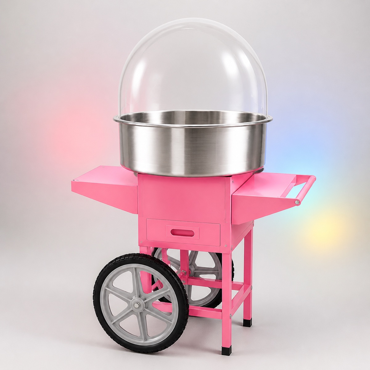 Pink cotton candy machine rental with clear dome and wheeled stand
