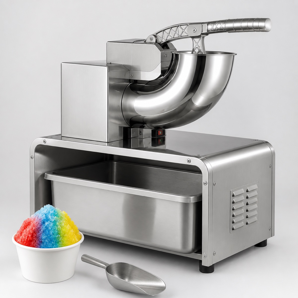 Commercial snow cone machine rental with scoop and colorful shaved ice