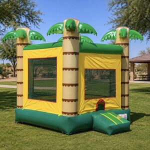 Tropical bounce house rental with palm-tree columns
